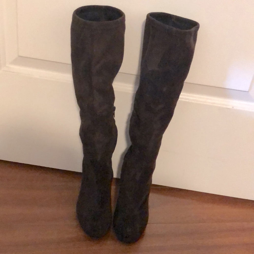 bebe Knee High Suede Stretch Boots Dark Brown.